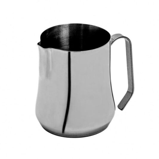 Stainless steel milk pitcher with a handle and spout, featuring a shaped bottom and a firm grip design.