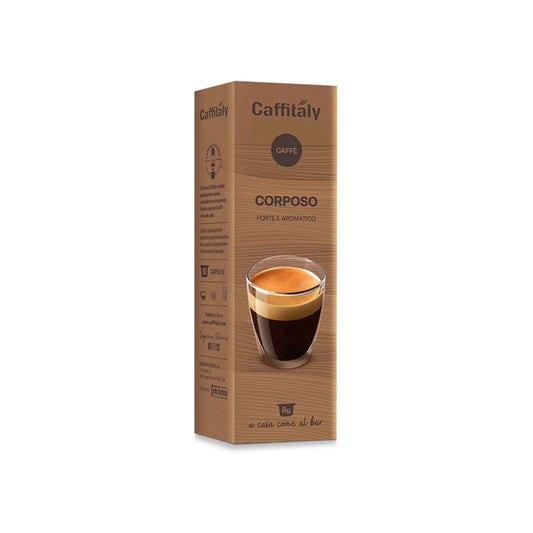 A tall rectangular cardboard box of Caffitaly Corposo coffee, featuring a brown wood-grain pattern, a photo of an espresso glass on the front, and Italian text, isolated on a white background.