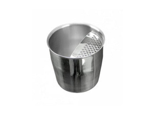 Stainless steel cup with a perforated bottom on a white background