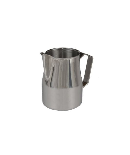 A stainless steel milk pitcher with a handle and spout, displayed against a white background.