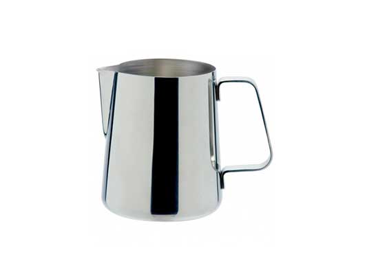 A stainless steel milk pitcher with a capacity of 600ml, featuring a comfortable handle and a specially designed spout.