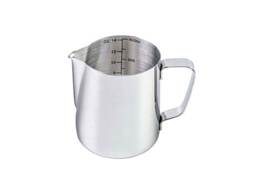 A 400ml stainless steel milk pitcher with measurement increments on the inside and a handle for pouring.