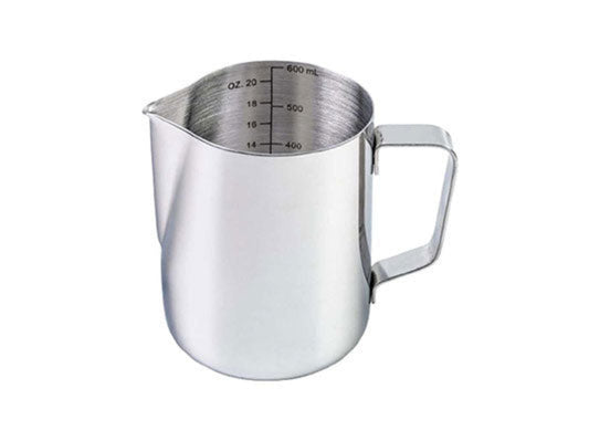 Stainless steel measuring cup with measurement markings on a white background