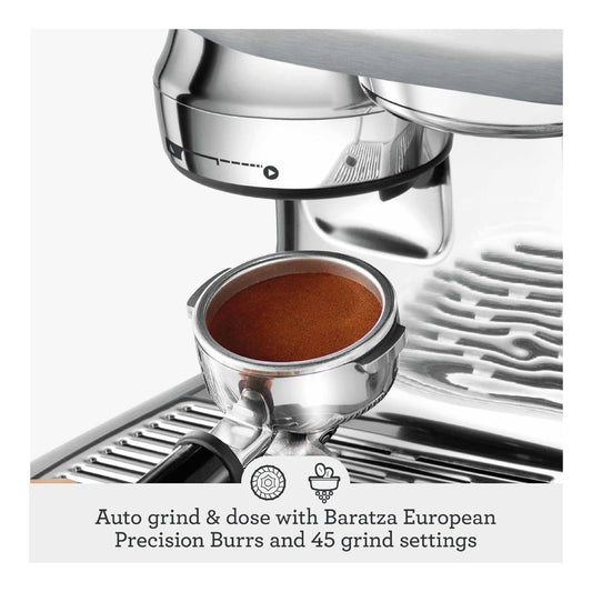 Close-up of a polished stainless steel espresso machine dispensing coffee into a metal portafilter filled with espresso, with text below reading 'Auto grind & dose with Baratza European Precision Burrs and 45 grind settings'.