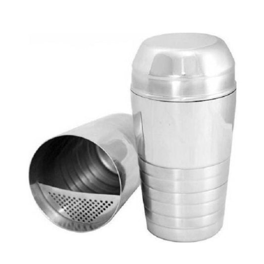 A stainless steel cocktail shaker with a built-in strainer, showing the shaker's body and the lid.