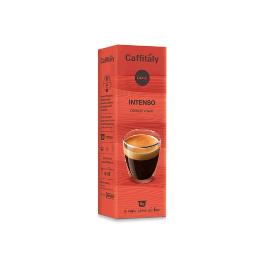 A tall rectangular box of Caffitaly Intenso Coffee Beans on a plain white background. The packaging is predominantly red-orange with a graphic of a glass of espresso with crema at the bottom.