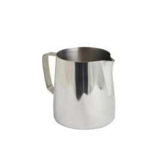 A 45 cl stainless steel milk pitcher with a handle and a lid, designed for making frothed milk for coffee or tea.