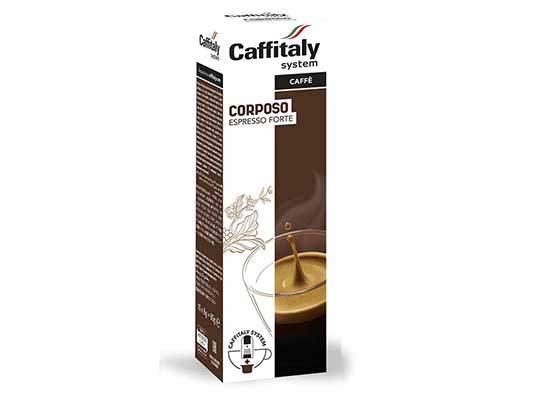 Packaging of Caffitaly Capsules Corposo with a picture of a cup of coffee and coffee beans, indicating the product's flavor and type.