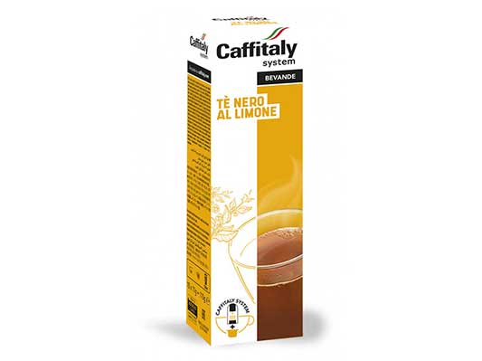 A box of Caffitaly capsules for making lemon tea, with the label showing the product name and an image of lemon tea on the front.
