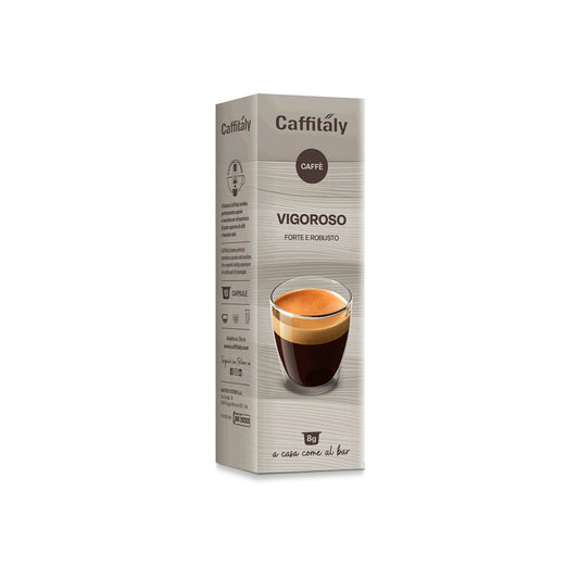 A box of Caffitaly Vigoroso coffee capsules, featuring a light gray wood-grain textured background with a photo of an espresso glass on the front, set against a plain white background.