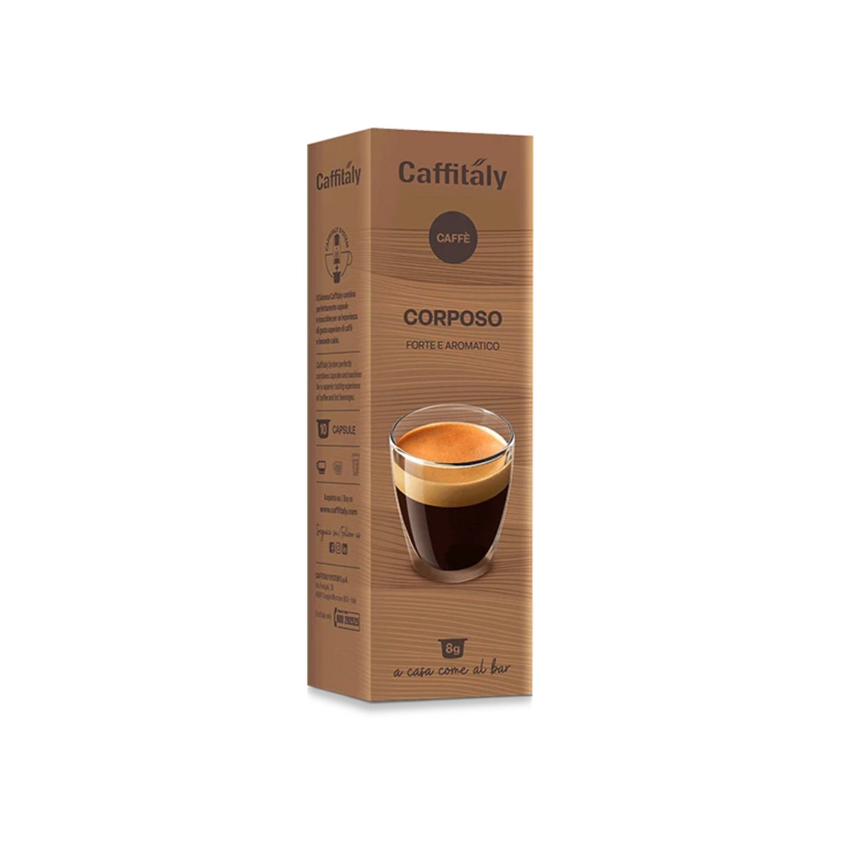 A tall rectangular cardboard box of Caffitaly Corposo coffee, featuring a brown wood-grain pattern, a photo of an espresso glass on the front, and Italian text, isolated on a white background.