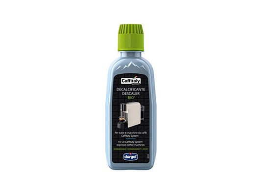 A bottle of Caffitaly Descaler 250ml, designed for cleaning coffee machines, with a green cap on a white background.