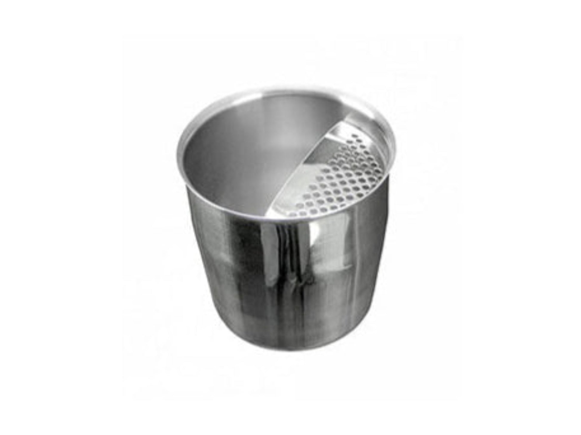 Stainless steel cup with a perforated bottom on a white background