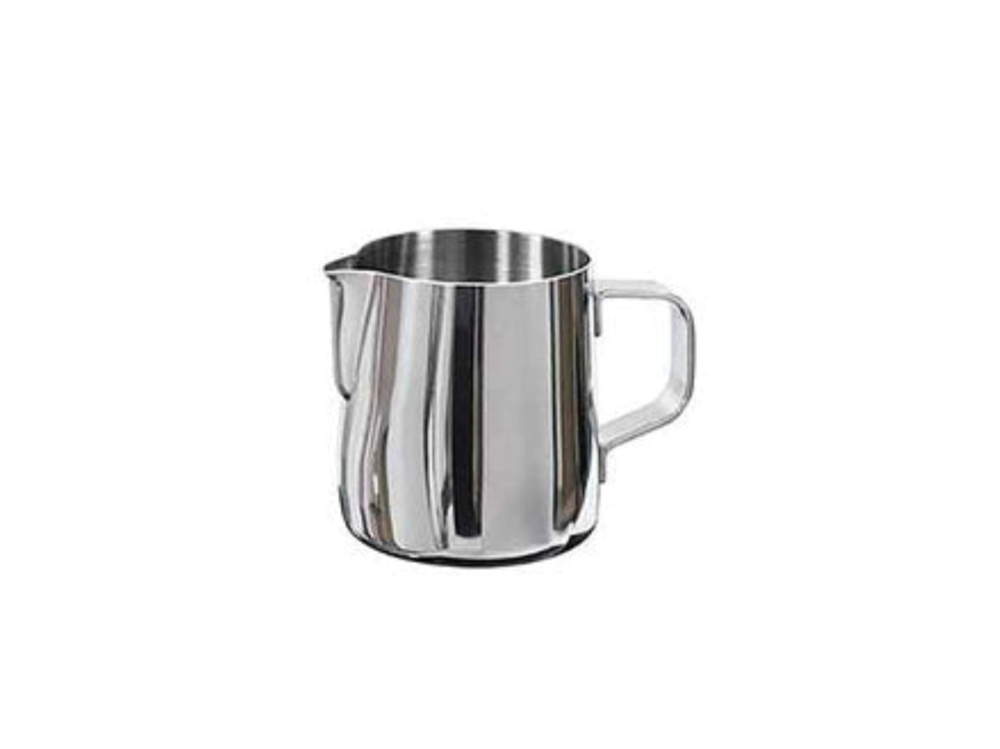 A 14cl stainless steel milk pitcher with a handle and a reflective metallic finish.