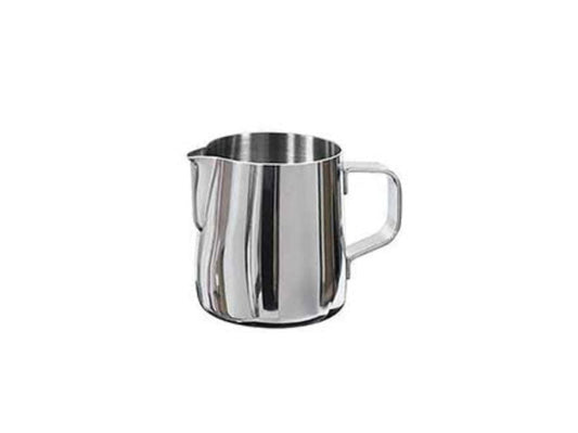 A 14cl stainless steel milk pitcher with a handle and a reflective metallic finish.