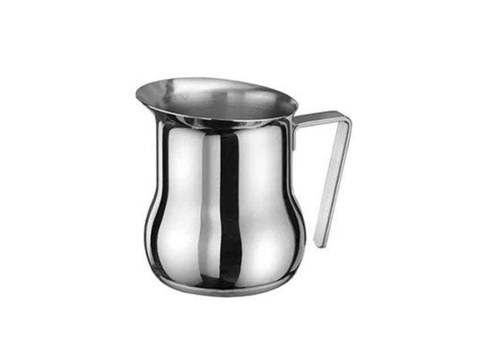 Stainless steel pitcher on a white background