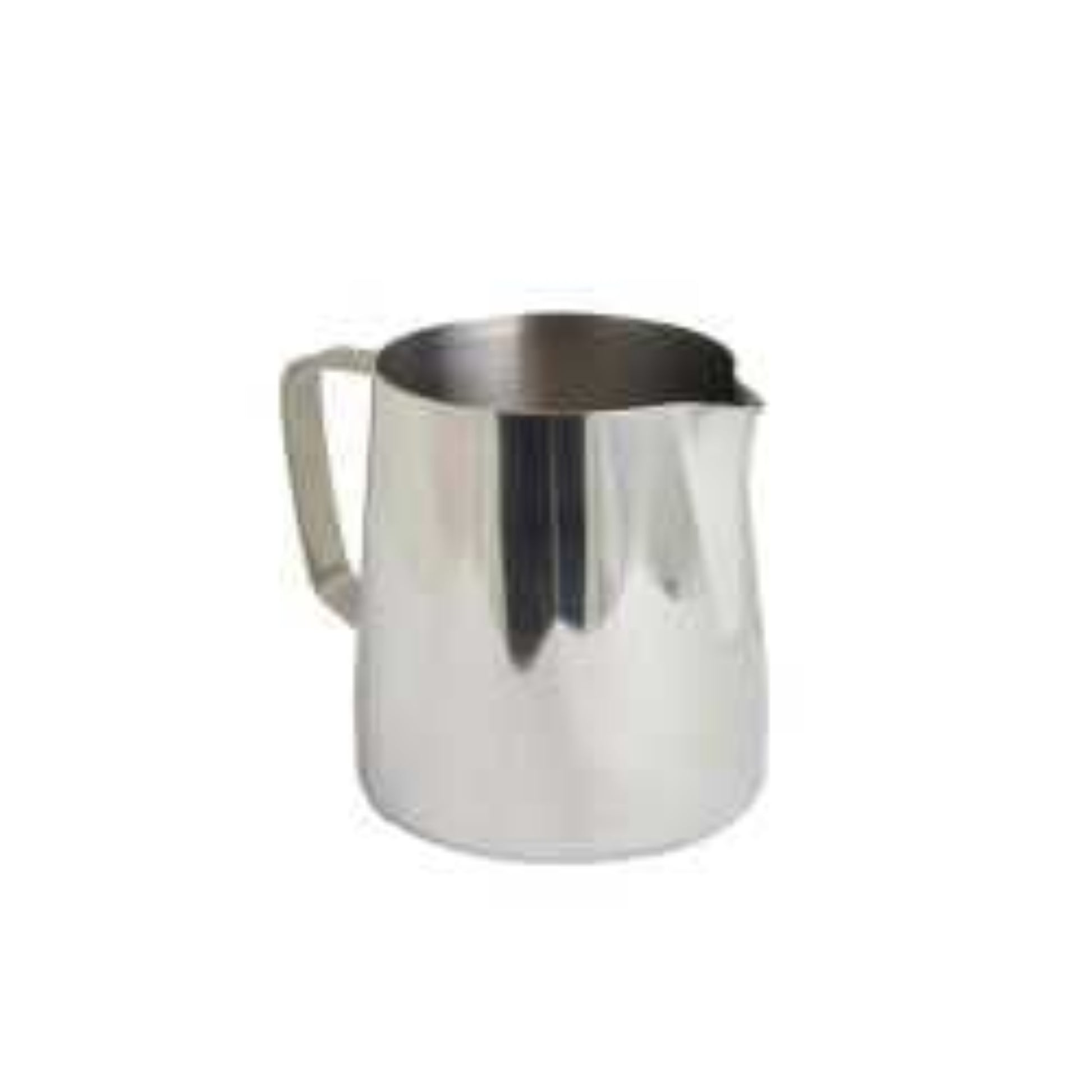 A 35cl stainless steel milk pitcher with a lid and handle, isolated on a white background.
