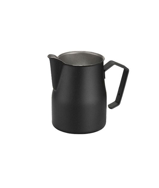 A matte black milk pitcher with a large handle, made of stainless steel, designed for serving 2-3 cappuccinos.