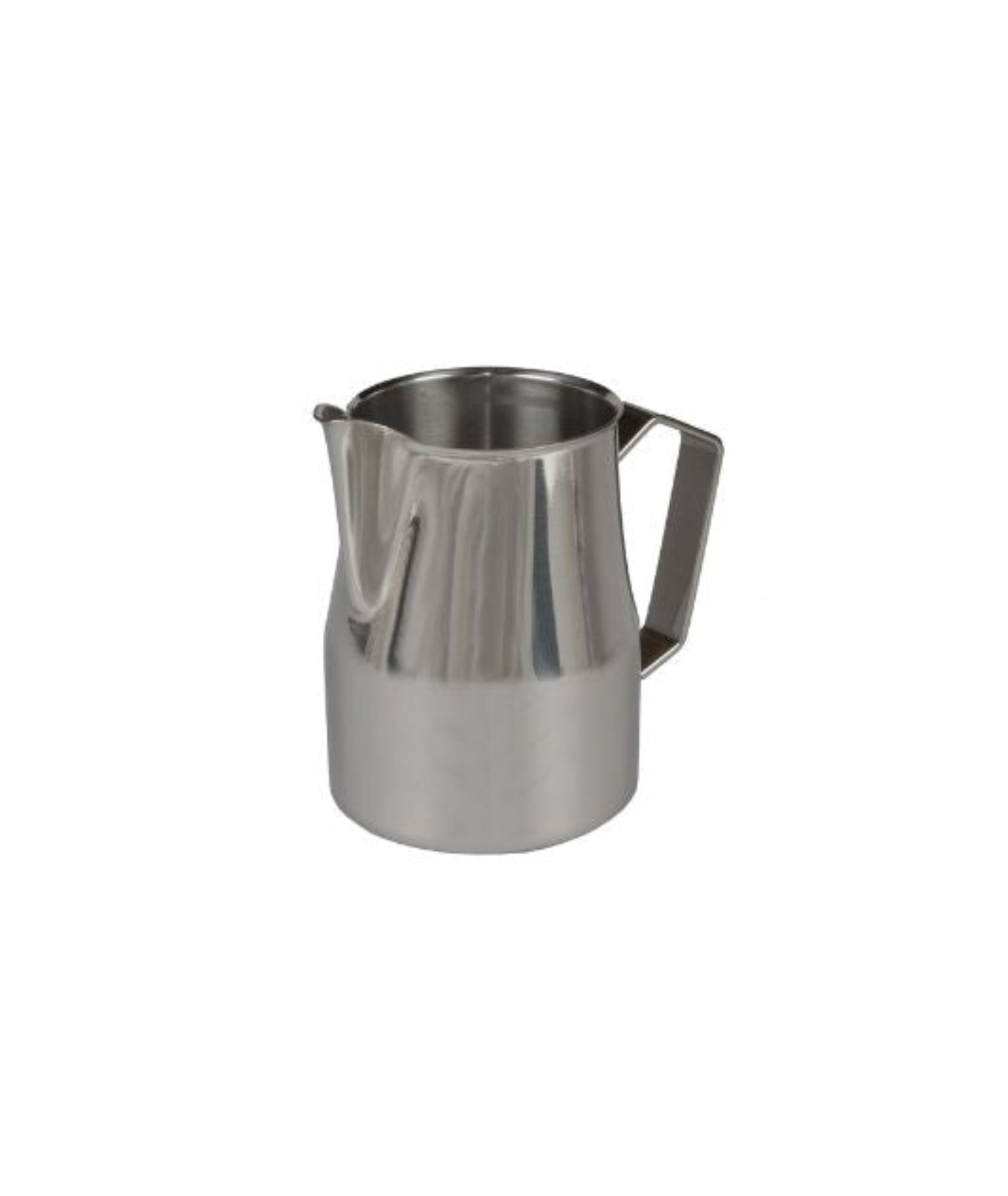 A stainless steel milk pitcher with a handle and spout, displayed against a white background.