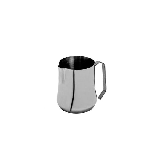 Stainless steel pitcher on a white background
