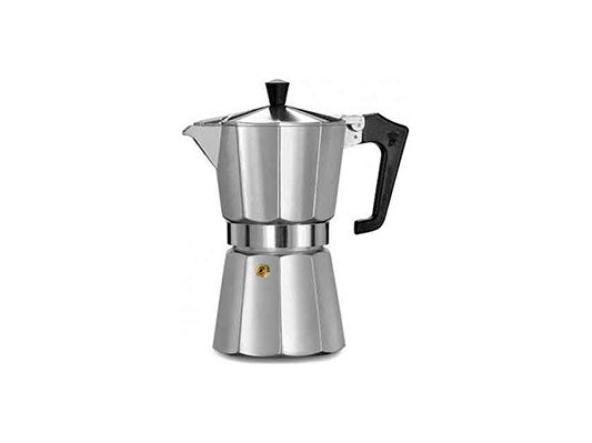 A silver aluminium stove top Moka pot designed for making traditional Italian espresso.