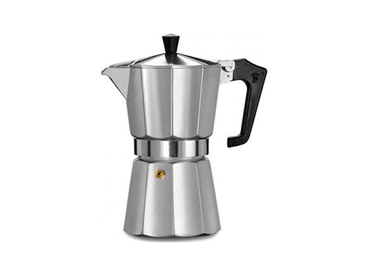 A silver aluminum Pezzetti Italexpress Moka Pot for making Italian espresso, with a capacity of 3 cups.