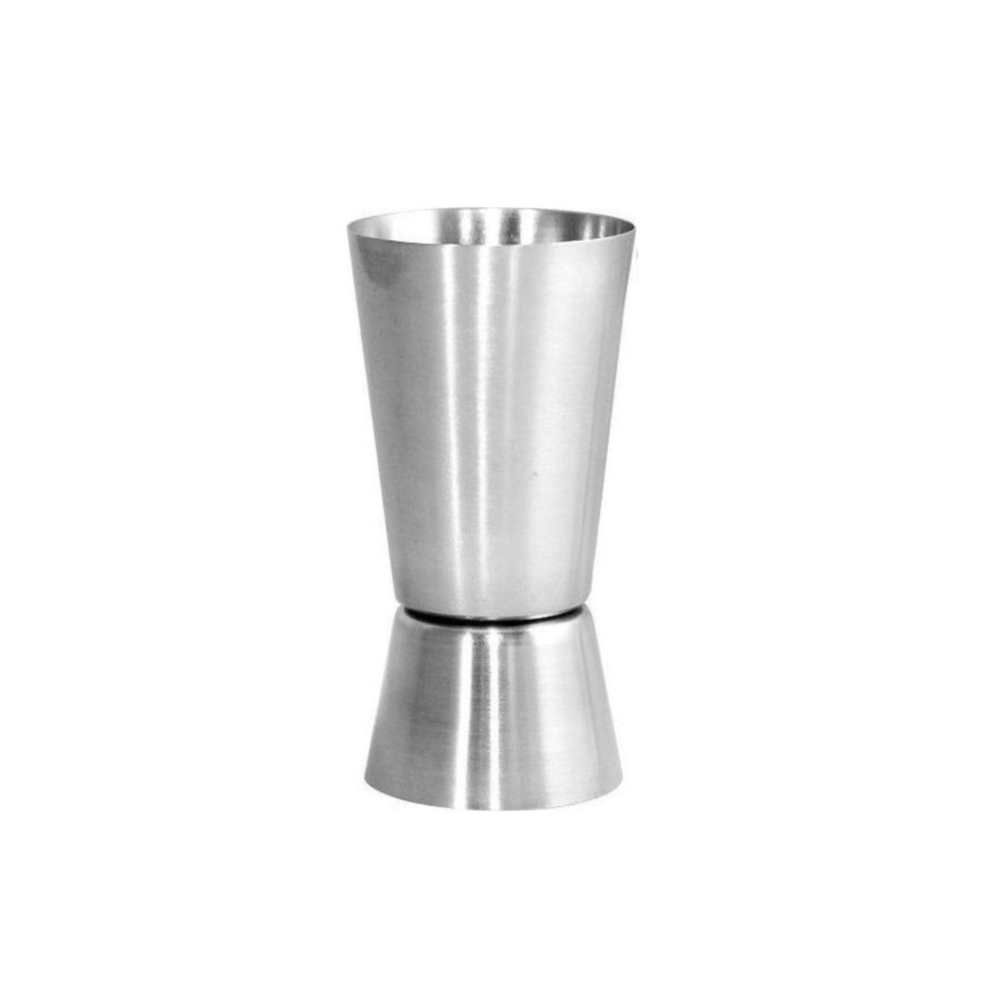 Stainless steel jigger on a white background