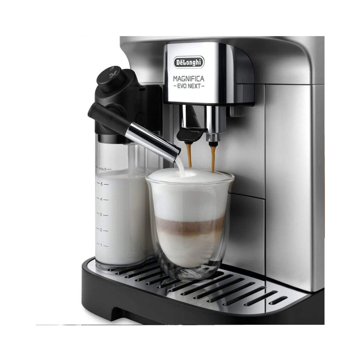 LatteCrema Hot automatic milk frothing carafe on DeLonghi Magnifica EVO ECAM310.80.SB