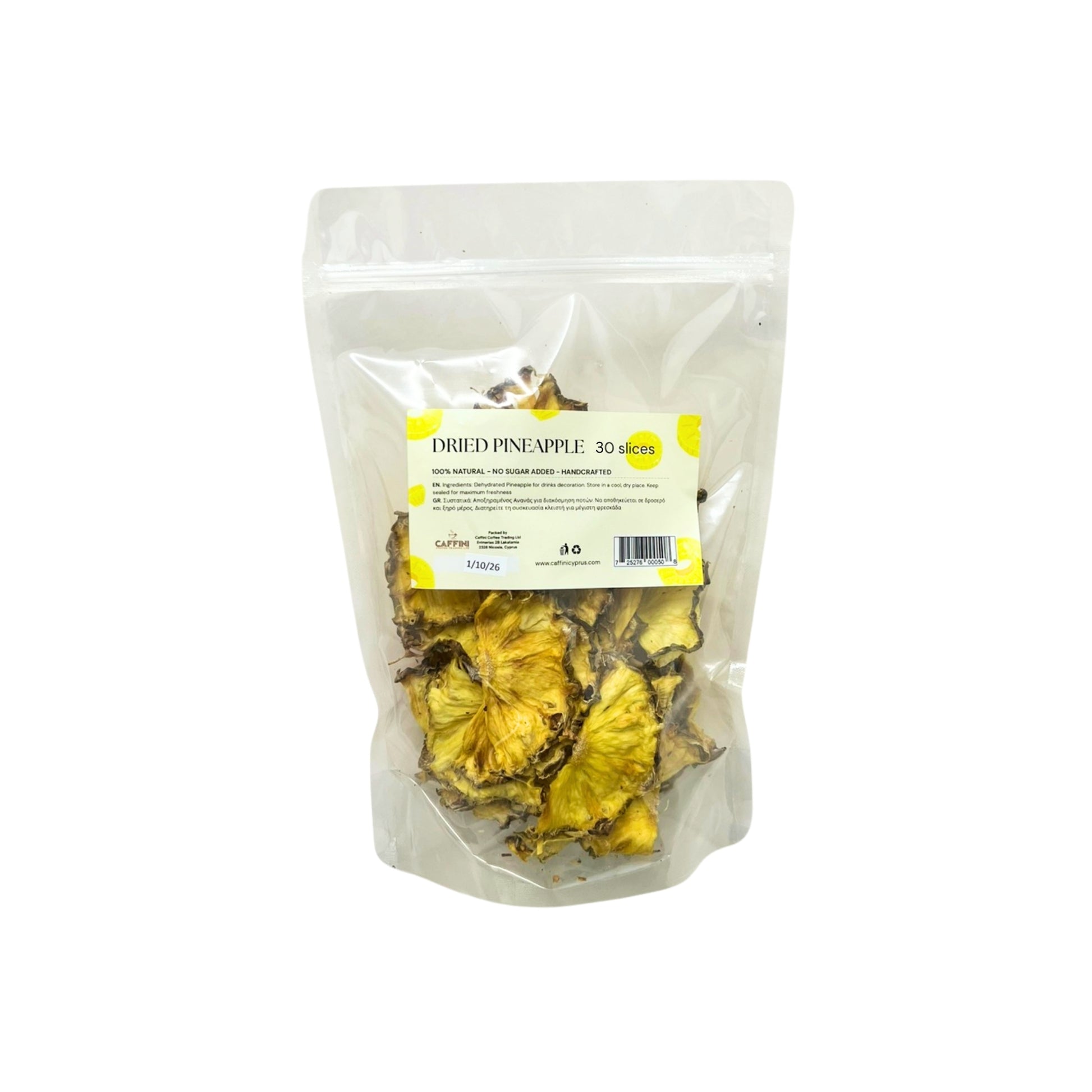 Bag of dried pineapple slices with a clear background