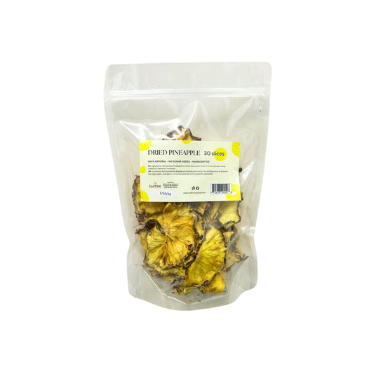 Bag of dried pineapple slices with a clear background